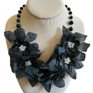 Black Fabric with Beads and Rhinestone Embellishments Statement Choker Necklace